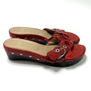Stuart Weitzman Red Sandals Silver Studs Slides Platform Cross Straps Buckle 9.5